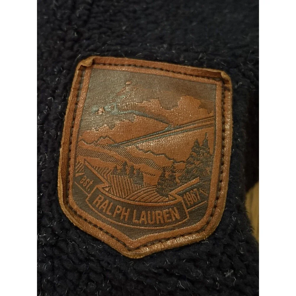 Vtg Ralph Lauren Navy Blue Fleece Throw Blanket Leather Patch 50x68